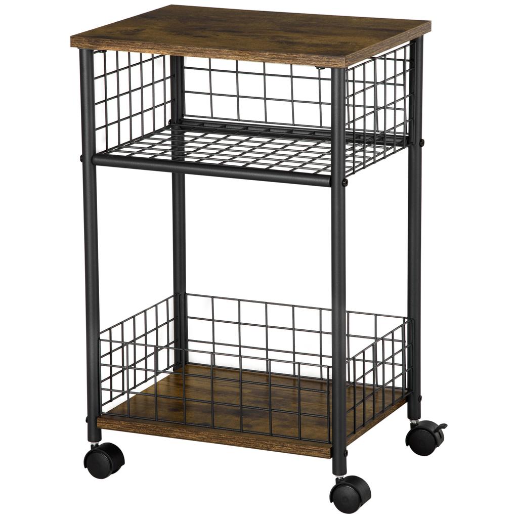 Industrial Design Kitchen Cart 1 Shelf 1 Storage Basket 4 Wheels 40 cm x 30 cm x 62 cm Steel Black + Brown