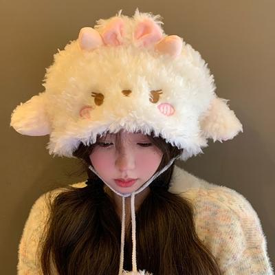 Fluff Sheep Ear Bucket Hat Lolita Dome Hat Y2K Plush Pullover Hat  Winter