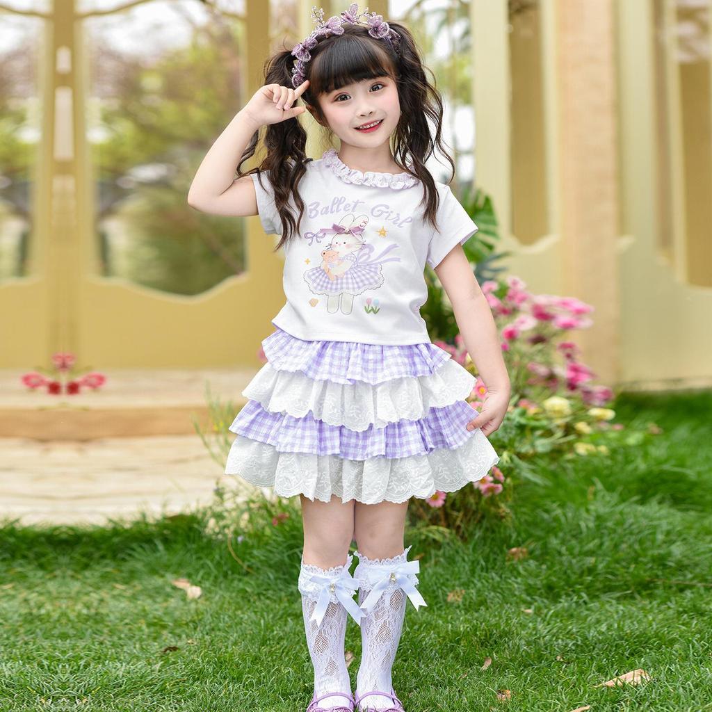 Girls' 2026 Summer Lace T-Shirt & Cake Skirt Set with Mosquito Repellent Pants