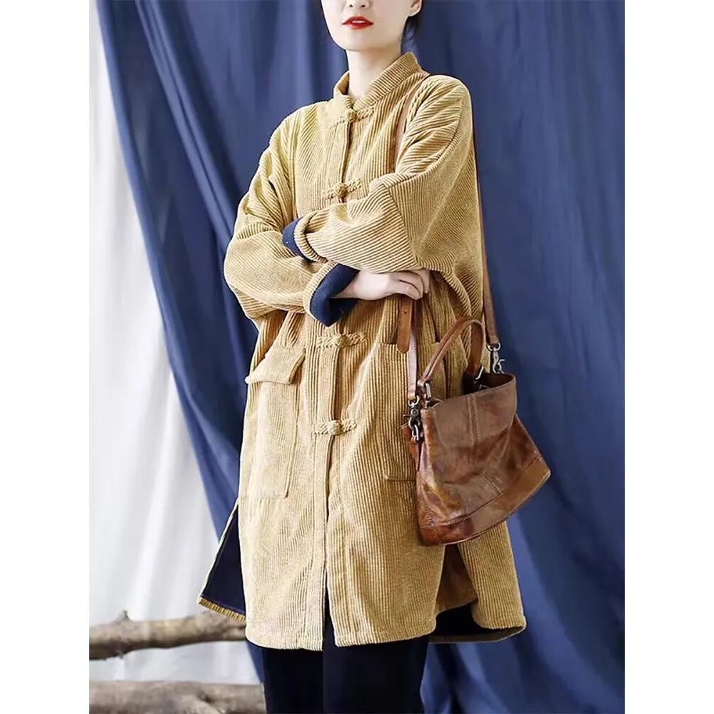 Literarischer Stehkragen Locker und Dünn Mittellange Bluse Winter Scheibenverschluss Dicker Mantel Cordmantel Damenbekleidung