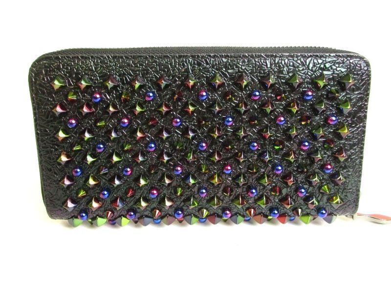 Authentic Christian Louboutin Panettone Black Leather Multicolor Spikes Round Zip Wallet #9746  Refurbished