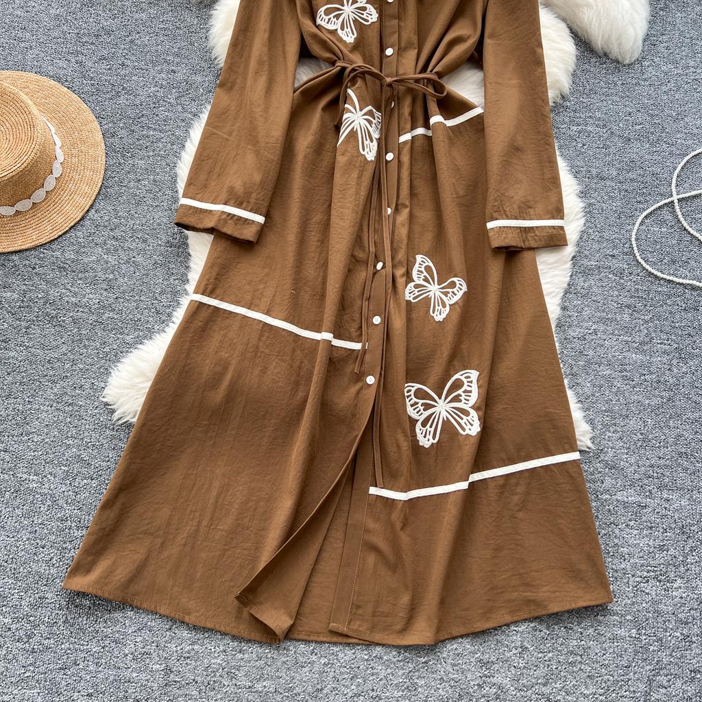Elegant Butterfly Embroidered Polo-neck Vintage Long Sleeves Single Breasted Slim A-line Long Dress French High Street Clothing