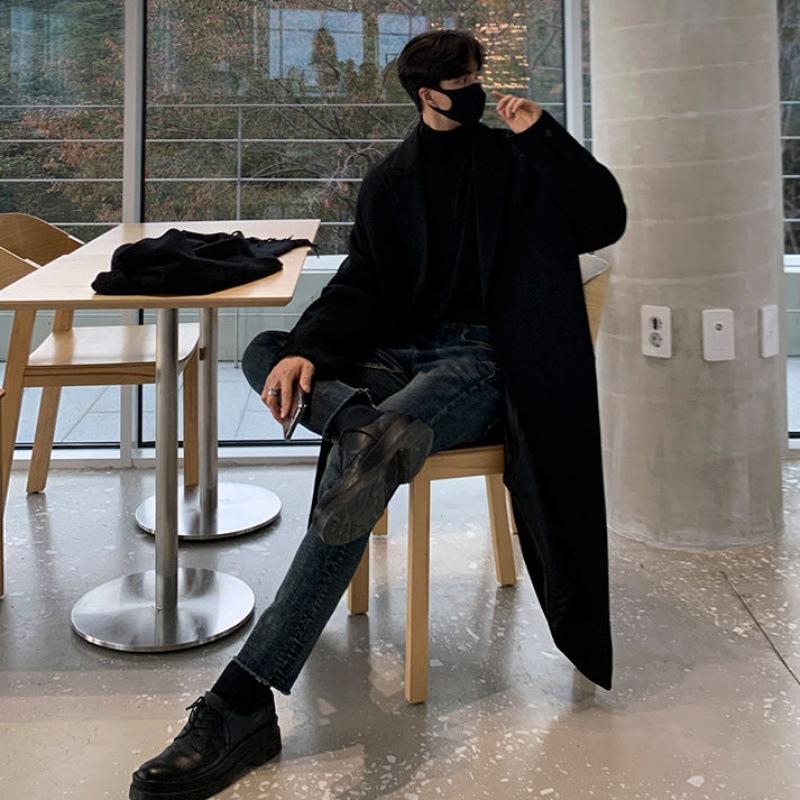 Woolen Coat Men's Mid-length Autumn and Winter Korean Style Loose Trendy Knee-length British Windbreaker Woolen Coat