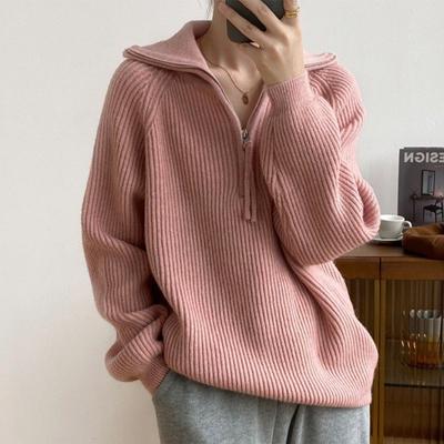 Pull épais à col revers style décontracté pour femme, automne et hiver, doux, pull à enfiler à fermeture éclair, pull en maille, veste pull pour femme