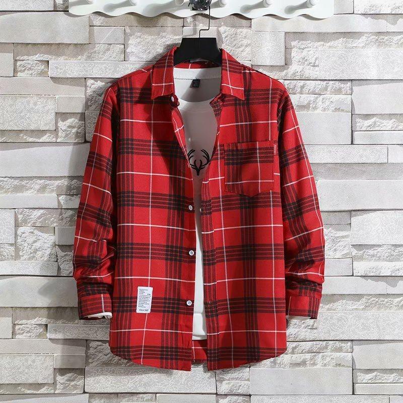 

Korean Style Oversized Plaid Shirt Men Turn Down Collar Loose Long Sleeve Casual Shirts Fashion S