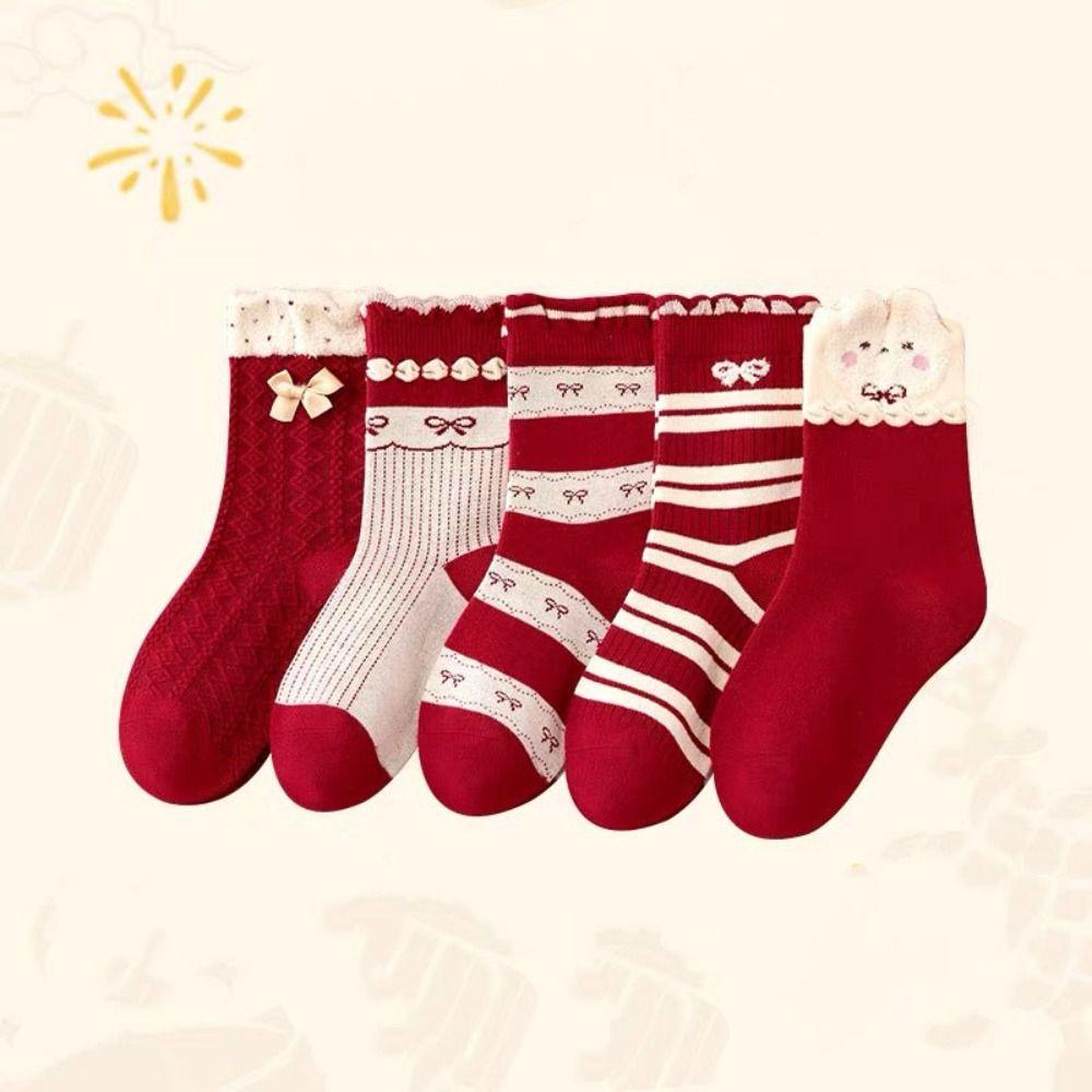5Pairs Bowknot Children New Year Socks Stripe Kids Hosiery Fashion Cartoon Red Socks Gifts