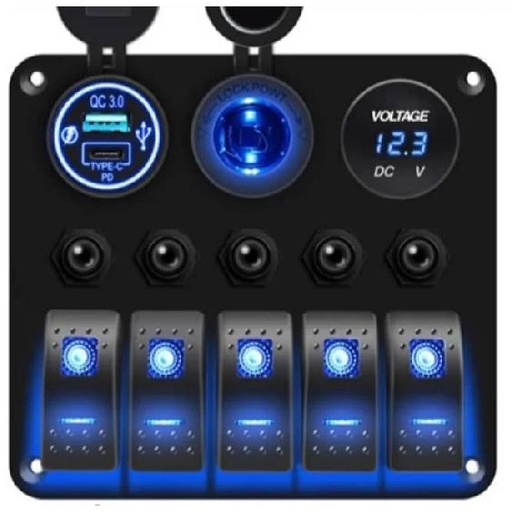 5 Gang Marine Boat Switch Panel 12V/24V IP65 Waterproof Pre-wired Rocker Switches with Dual USB 3.1A Voltmeter Cigarette Outlet синий