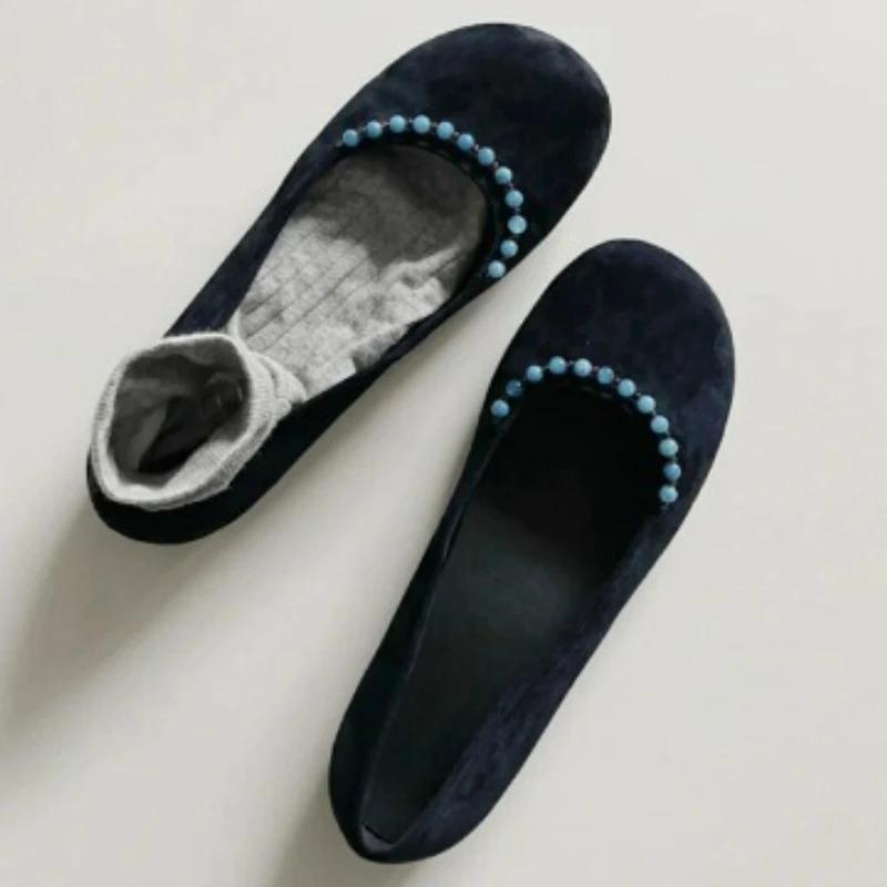 Fashion High Quality Faux Suede Round Toe Flat Sandals Women Vintage String Bead Shallow Flat Mary Jane Shoes Comfortable Ballet Flats