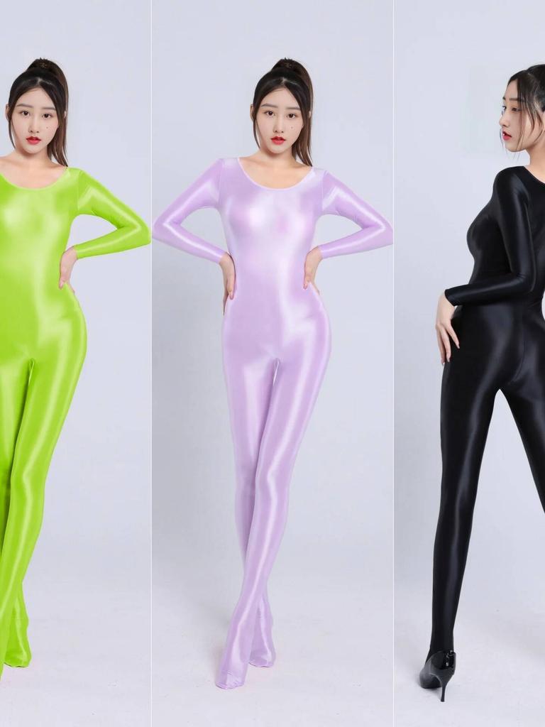 High Elasticity Plus Size Unisex Full Body Bodysuit Shiny Smooth Glossy Sexy Transparent Smooth Women Rompers Q0Gs