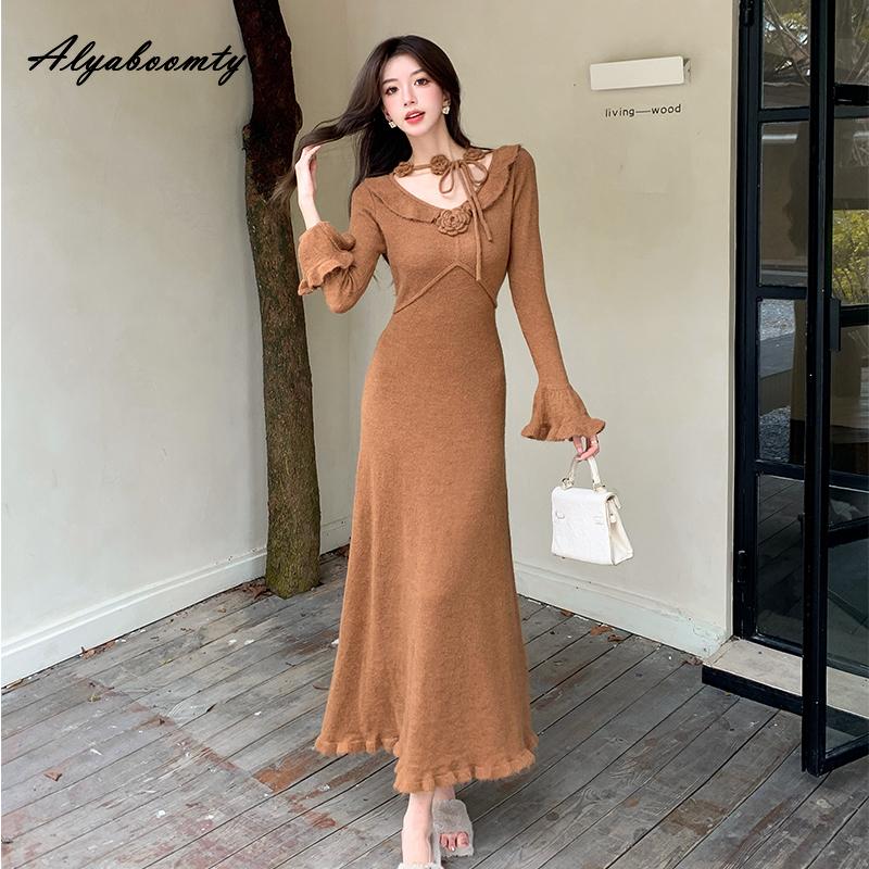 Elegant Fashion Autumn Winter Women Floral Sweater Dress Red Beige Grey Brown Knitting Ruffles Dress Flare Sleeve Feminine Warm Dress