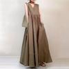 Elegant V-Neck Sleeveless Midi Dress With Pleated Skirt High Waist Cotton Linen Blend Women Office Chic
