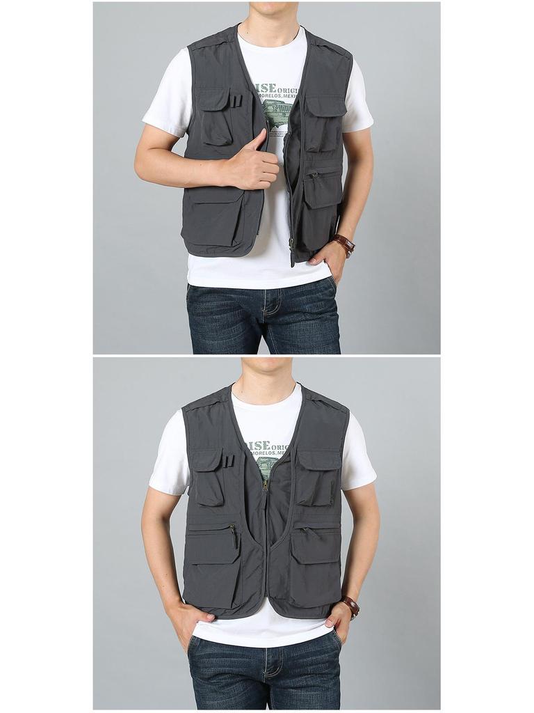 Men's Quick-Drying Multi-Pocket Vest for Outdoor, Plus Size, V-Neck, Perfect for Spring, Autumn, and Fishing