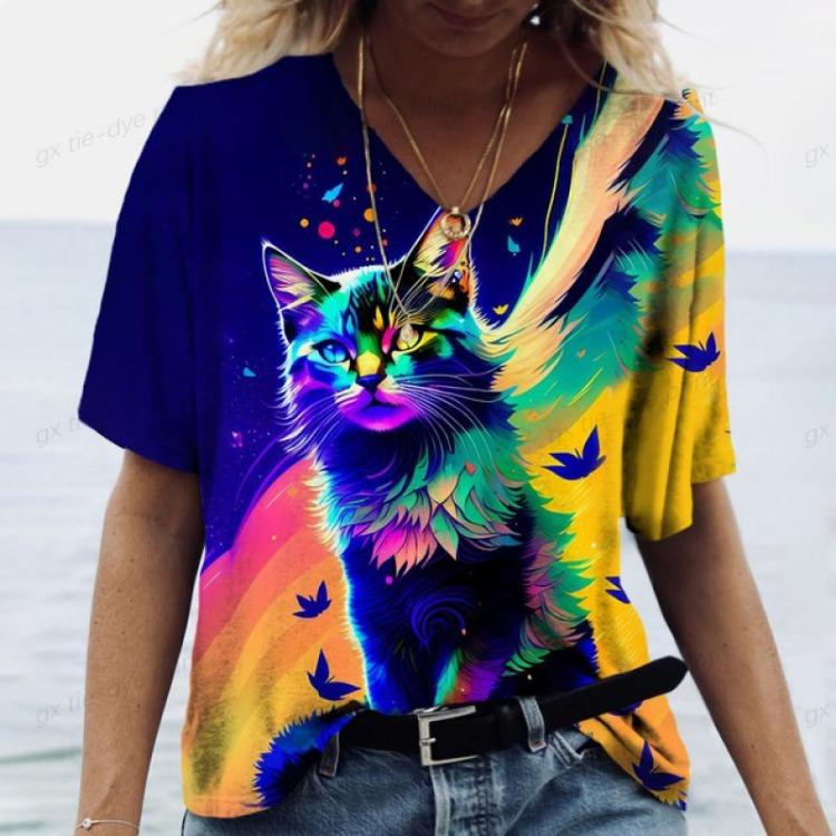 Women's Kawaii Cat Print 3D T Shirt Short Sleeve V Neck Tees Casual Holiday Top Female T Shirt