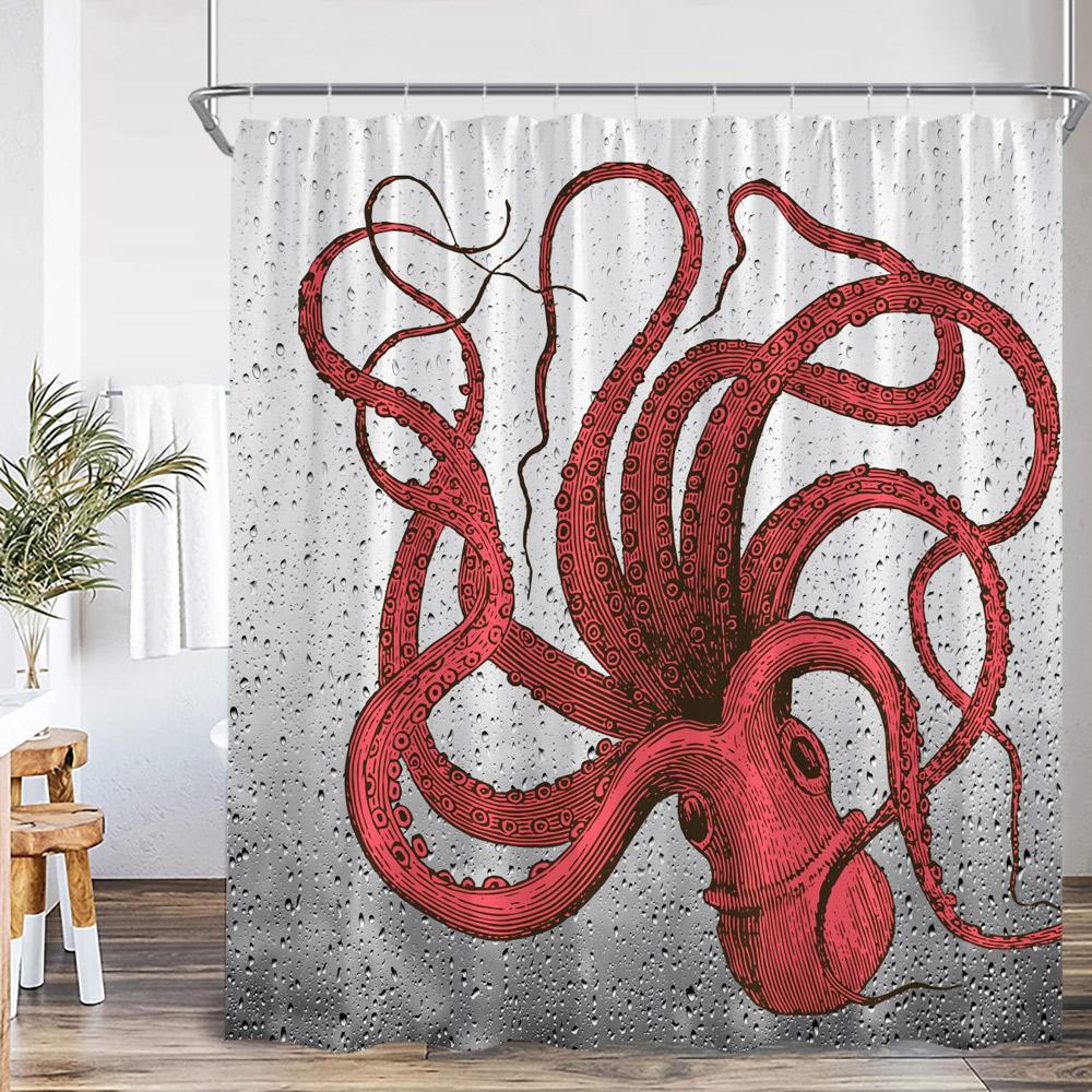 Octopus Nautical Shower Curtain Ocean Animal Wave Marine Life Map Vintage Bathroom Decor Sea Kid Child Bath Curtain With Hook