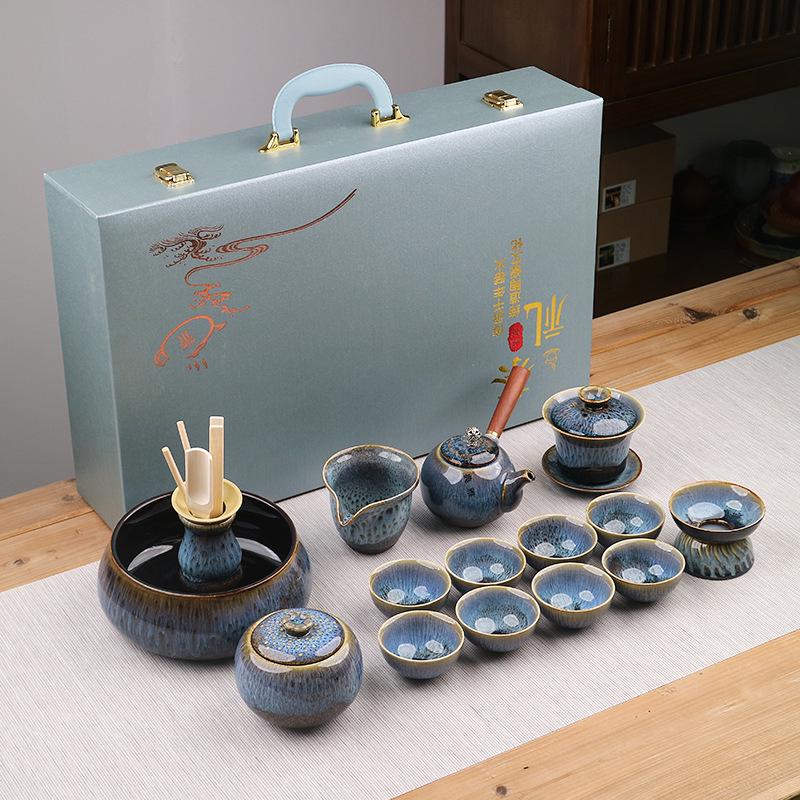Ceramic Gongfu Tea Set with Tianmu Glaze Gaiwan - Luxury Gift Box for Office and Home Use