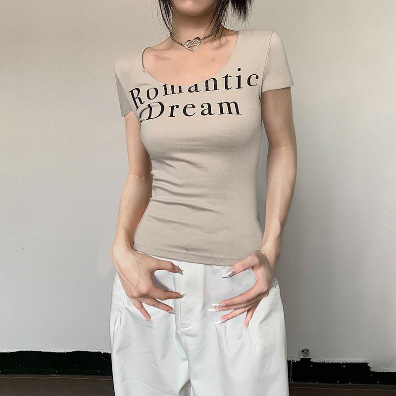

U-Neck Minimalist Letter Print Fashion Tight T-shirt Tops Khaki S