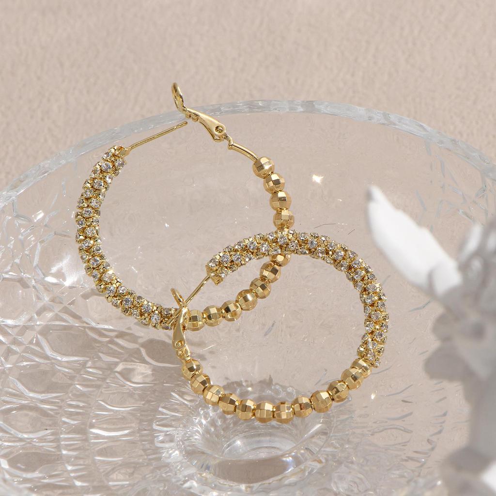 LNCHRAN Golden Light Luxury Copper Hoop Earrings with Synthetic Zirconia Faceted Beads