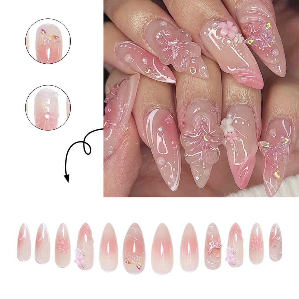 Blush Almond False Nails with Flower Decor Natural Unbreakable Nail Simple Wear for Shopping Traveling Dating