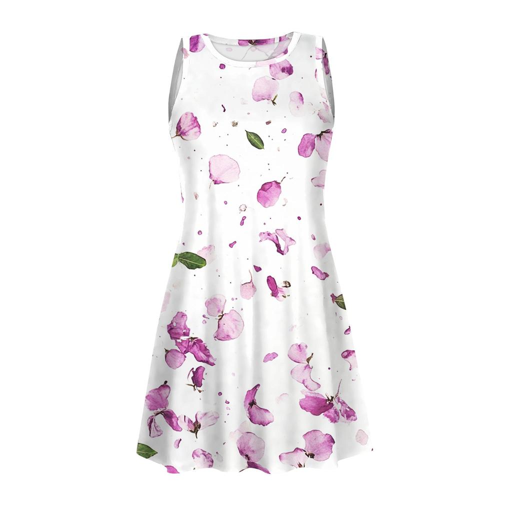 Women's Summer Casual Round Neck Printed Dress Sleeveless Dress With Pockets