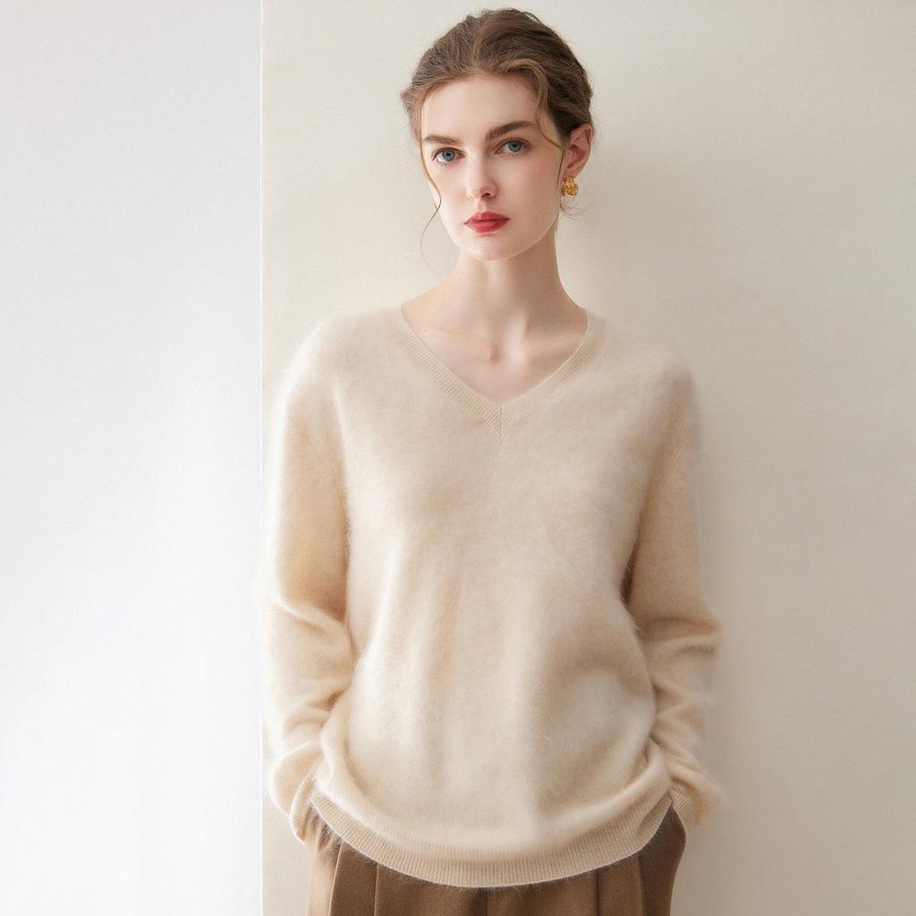 Kang Sai Ni Women's 100% Cashmere Long Brushed Sweater, Old Money Style Knitwear