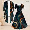 Women Plus Size Two Piece Set Three Quarter Sleeve Cardigan Square Neck Short Sleeve Tie Waist Flared Printed Dress