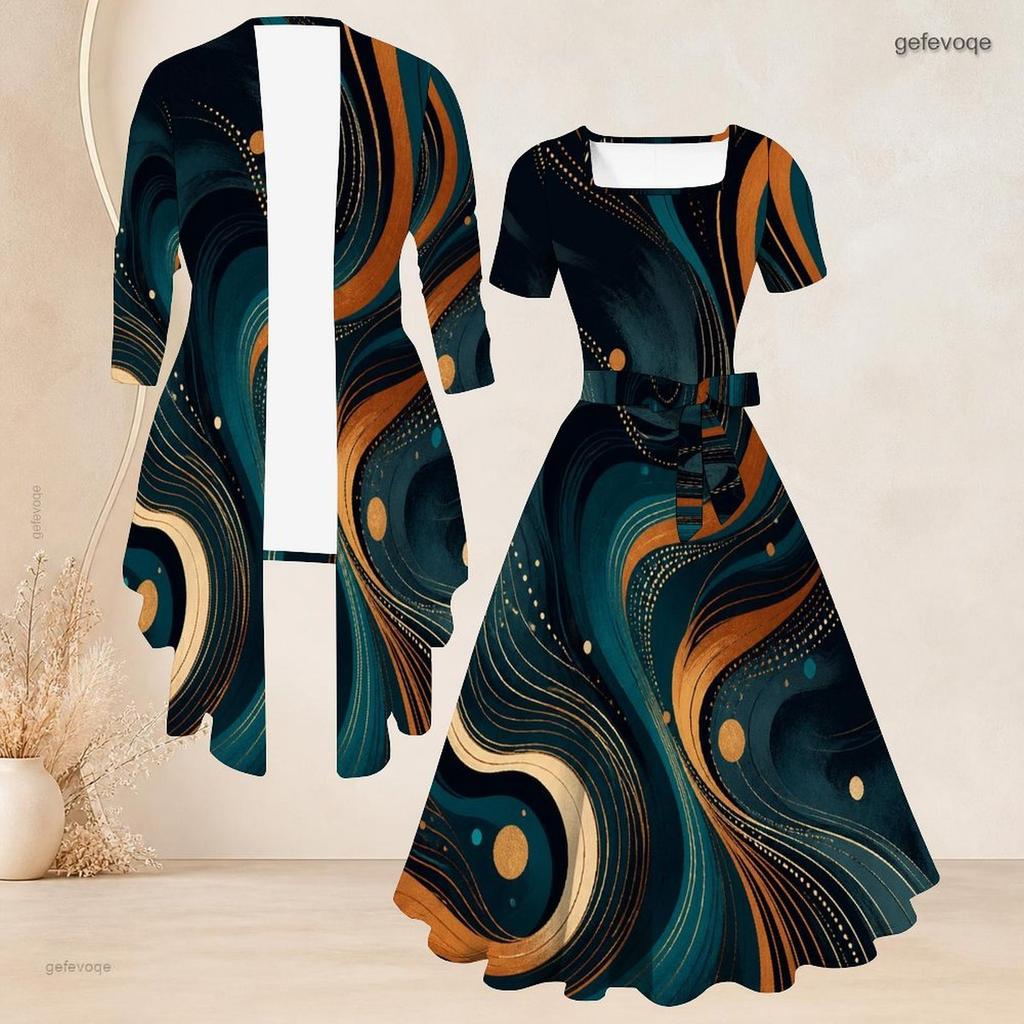 Women Plus Size Two Piece Set Three Quarter Sleeve Cardigan Square Neck Short Sleeve Tie Waist Flared Printed Dress