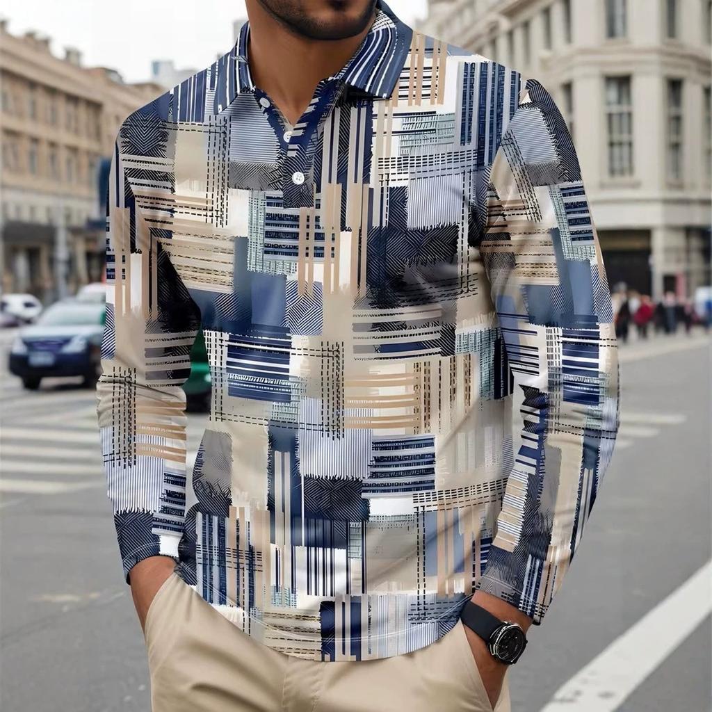 Polo shirt with abstract geometric pattern, collared long-sleeve shirt