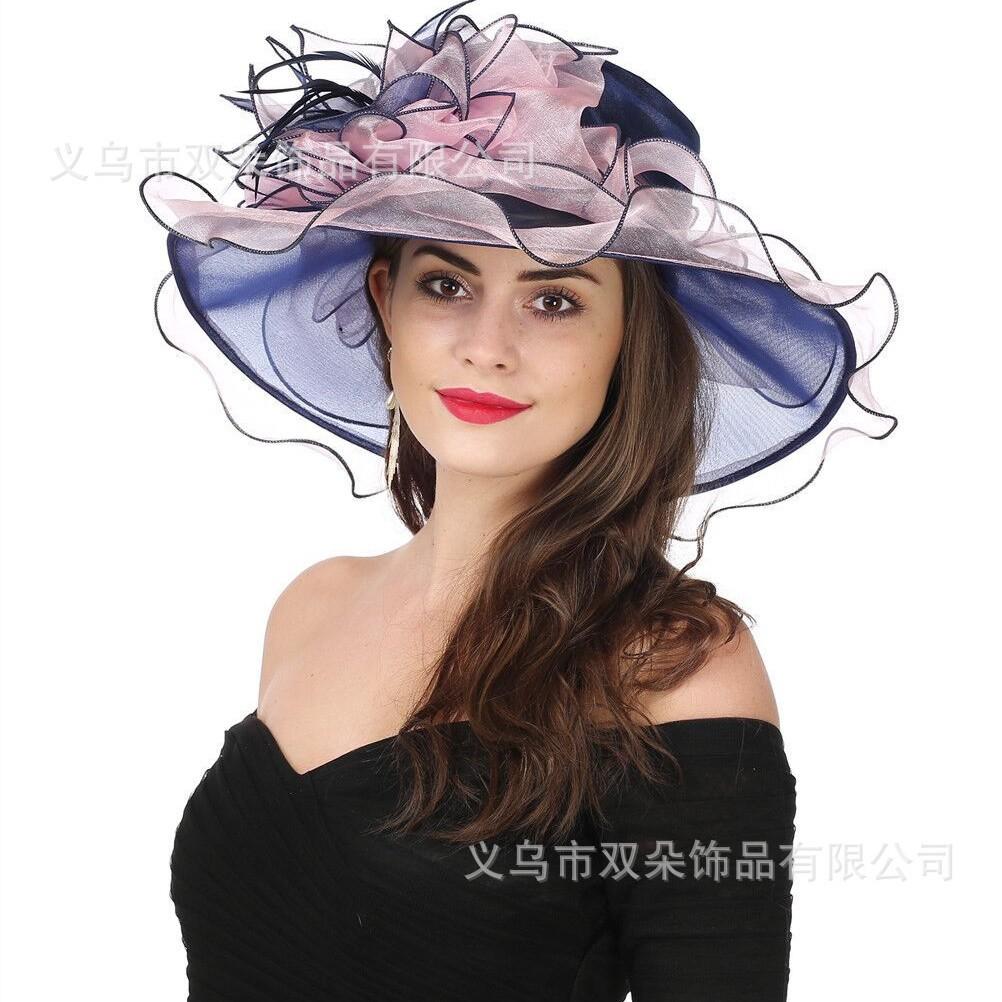 European, American British and European root yarn sunscreen hat women's summer elegant big flower sun hat seaside vacation lady temperament sun hat