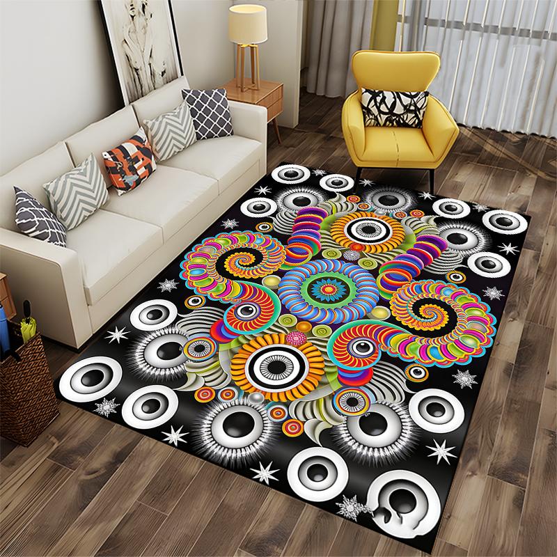 Colorful Spiral Pattern Black Carpet with Abstract Circular Design Suitable for use as an anti-slip for living room bedroom sofas