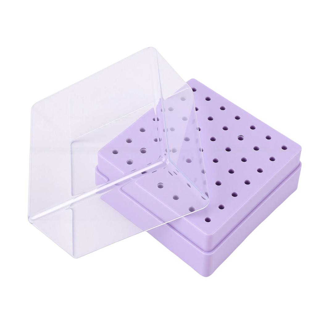 49 Holes Nail Drill Bits Holder Nail Polish Head Storage Box with Clear Dust Lid for Salon Home Purple