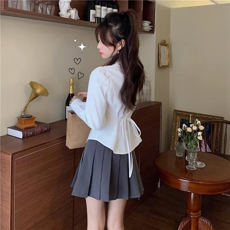 

Женская приталенная рубашка с завязками на талии во французском стиле с длинными рукавами и комплект школьной формы 2XL