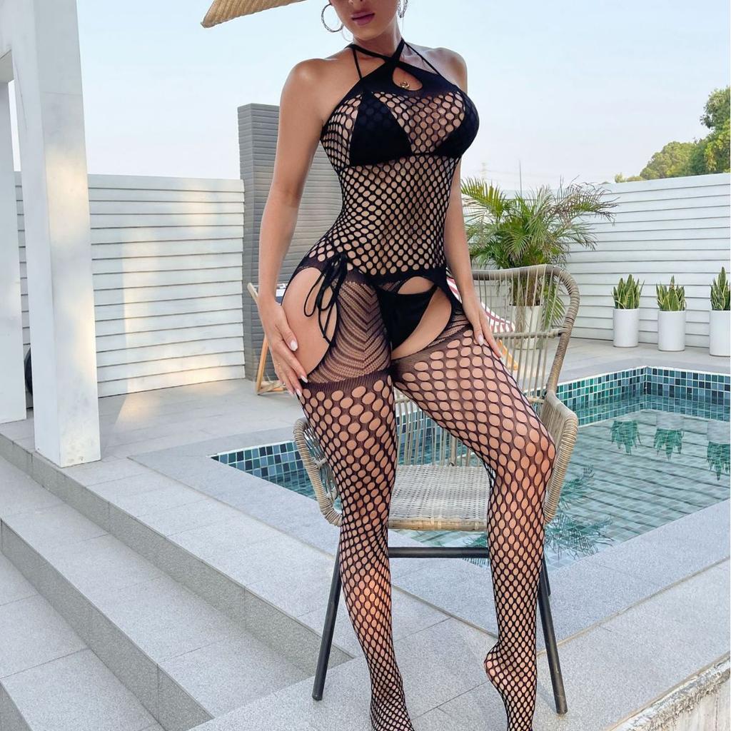 Women Thigh High Mesh Female Jumpsuit See Through Stockings Sexy Lingerie Suit Fishnet Transparent Elastic Sheer Lace Bodysuit