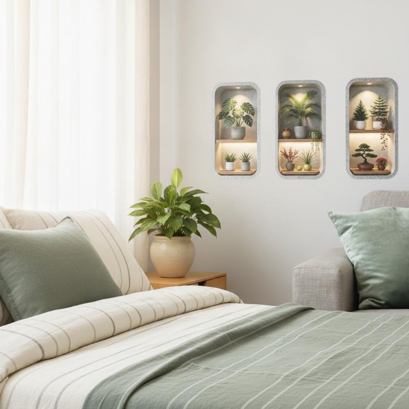 3Pcs Green Plants Wall Sticker Potted Simulation Painting For Living Room Home Decor Removable Decals