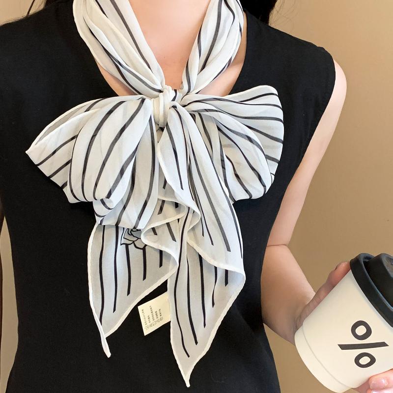 Women Silk Scarf Vintage Elegant Striped Double Sided Print Neck Wrap for Professional Occasions
