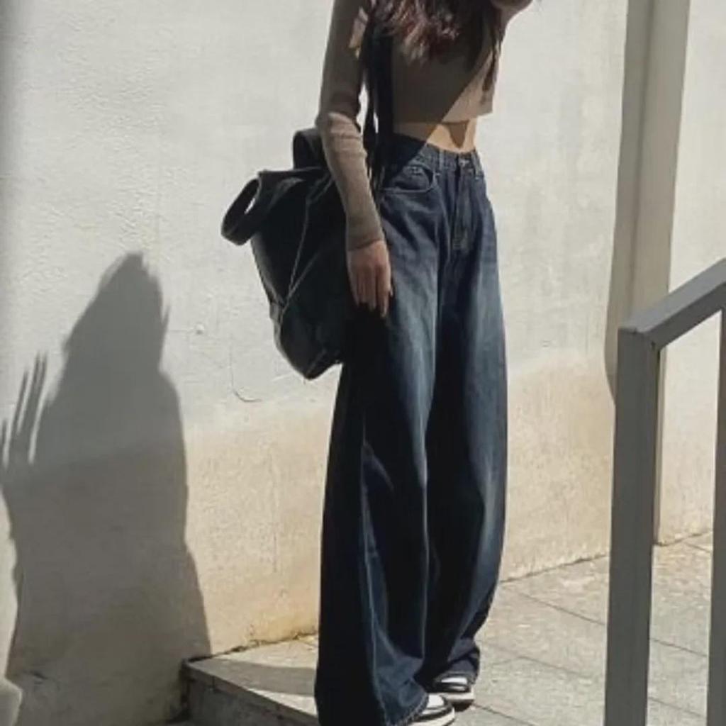 Jesień 2023 Damskie Retro Prane Dżinsy Slim z Wysokim Stanem i Szerokimi Nogawkami