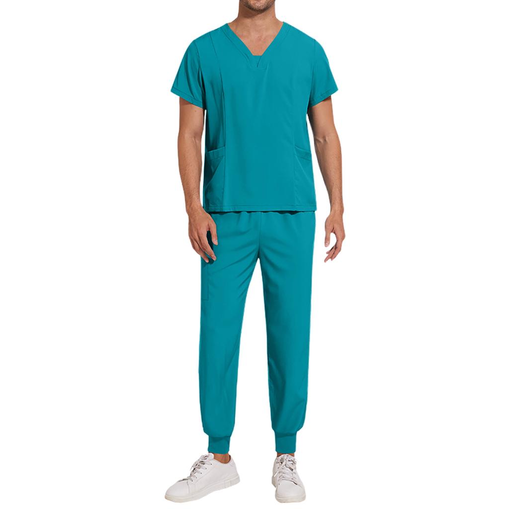 Men's Loose And Comfortable V-neck Short Sleeved Workwear Multi Pocket Beauty Suit Set