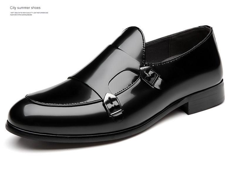 Men's Business Casual Double Buckle Pointed Toe Leather Monk Shoes - Shiny English Style Formal Footwear.
