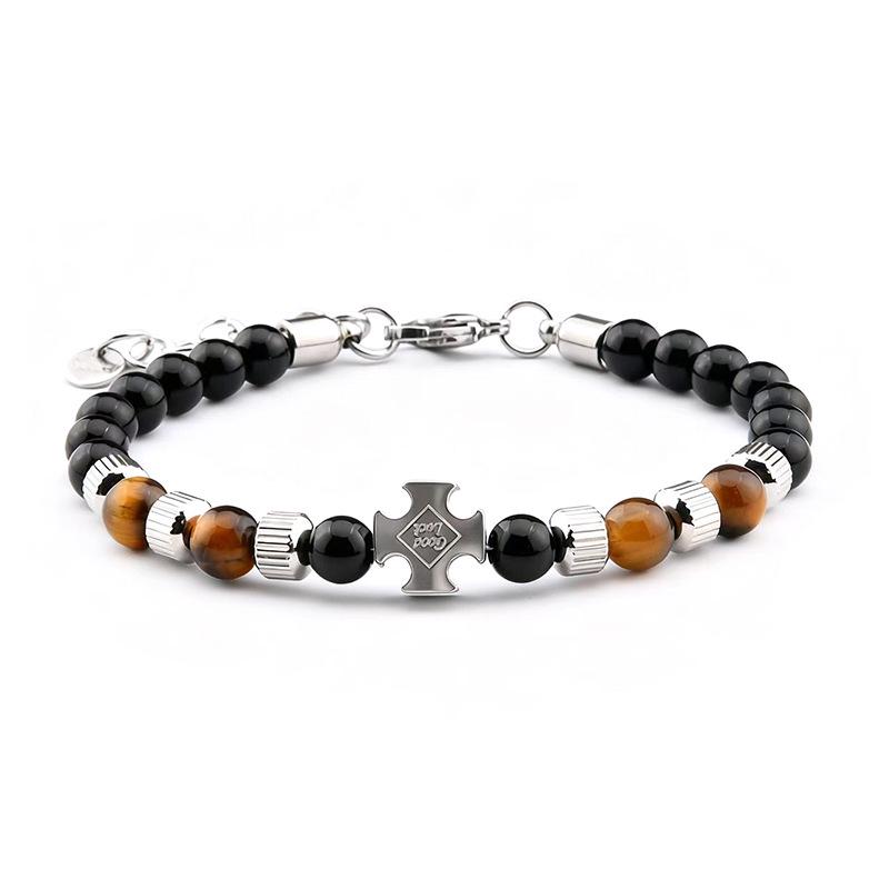 Men's European 6mm Stainless Steel Bracelet with Tiger Eye and Black Obsidian Stones