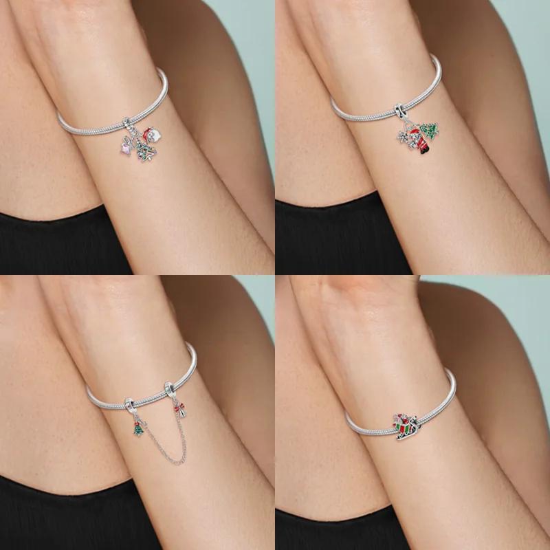 Copper New Christmas Charms Elk Santa Claus Bead Snowflake Bell Snowman Charm Fit Original Bracelet Diy Jewelry For Women
