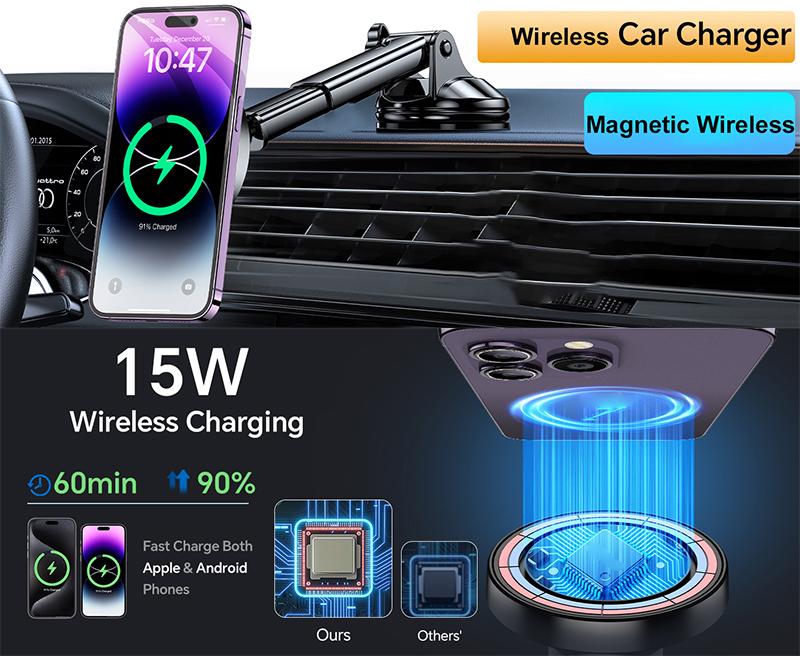 Magnetic Wireless Car Charger 15W Fast Charging Adapter Dashboard Car Phone Holder for iPhone 16 15 14 Pro Max Plus 13 12