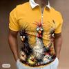 Casual Lapel T-shirt Young Men's Fashion Zipper T-shirt Short Sleeve T-shirt Men's 3D Chicken Graffiti Print T Shirt