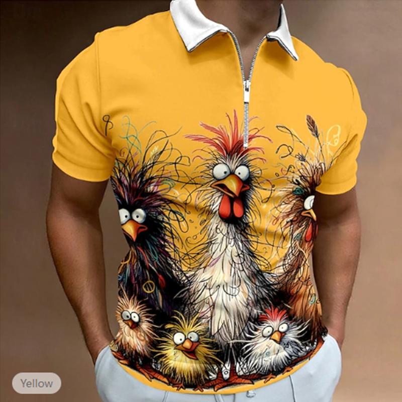 Casual Lapel T-shirt Young Men's Fashion Zipper T-shirt Short Sleeve T-shirt Men's 3D Chicken Graffiti Print T Shirt