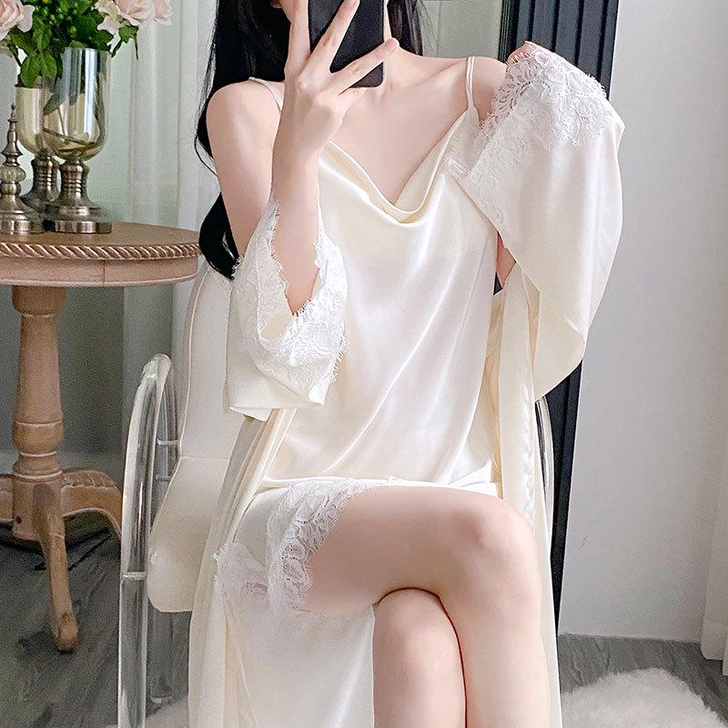 Women's Ice Silk Camisole and Nightdress Set with Chest Pads - Spring & Autumn