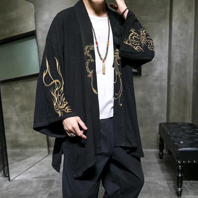 Mode Kostüm Stickerei Hanfu Herren Chinesischen Stil Robe Strickjacke Jacke Übergroßen Kimono Alten Mantel Männlich