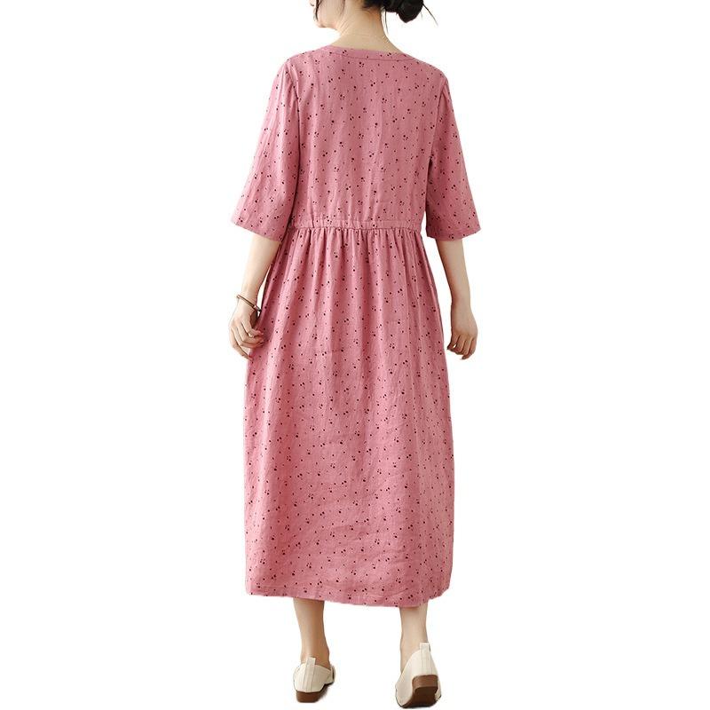 Summer New Cotton and Linen Printing Literary and Fresh Waist and Thin Dress Women's Clothing