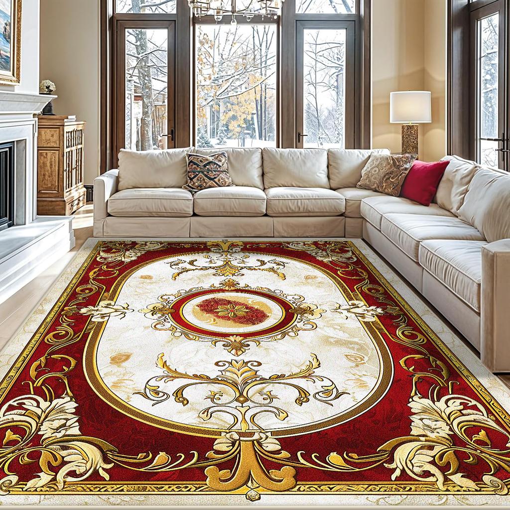 European Red Golden Large Area Rugs Living Room Decoration Home Sofa Area Carpet Gorgeous Bedroom Non-slip Floor Mat Washable