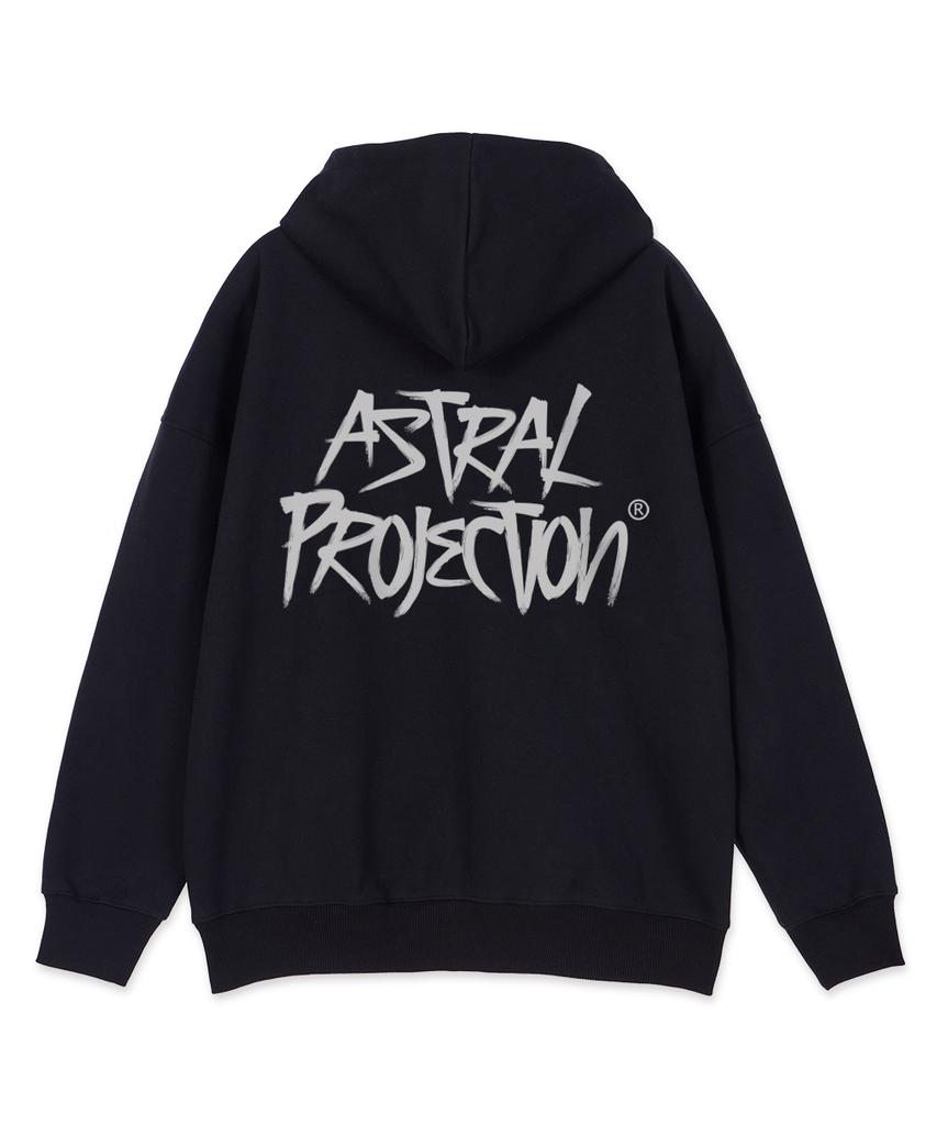 Astral Projection Graffiti Lettering Oversized Wide Shoulder Zip-Up Hoodie_Black