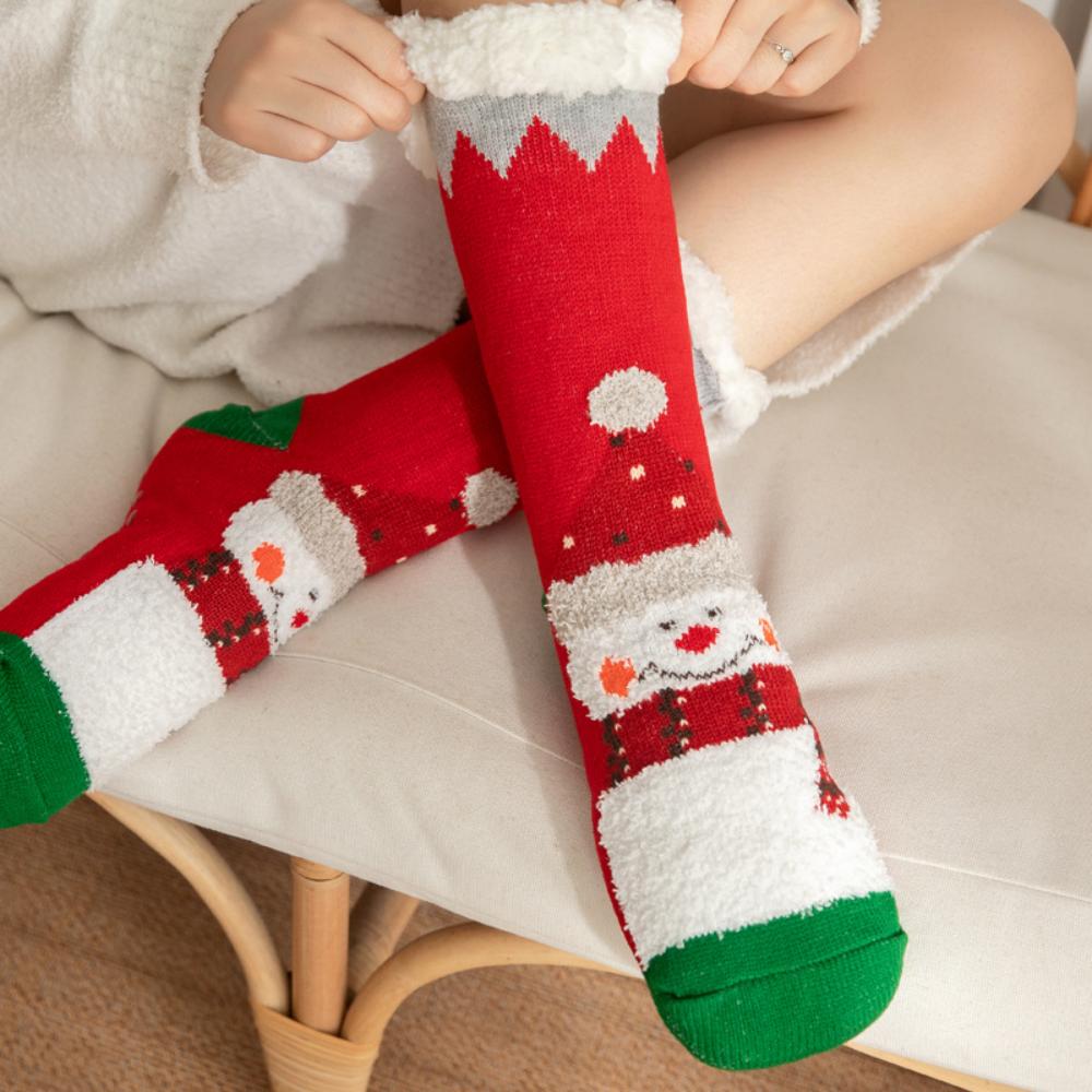 Winter Christmas Themed Women Lamb Fleece Floor Socks, Adult Non-Slip Indoor Snow Socks for Home Carpet