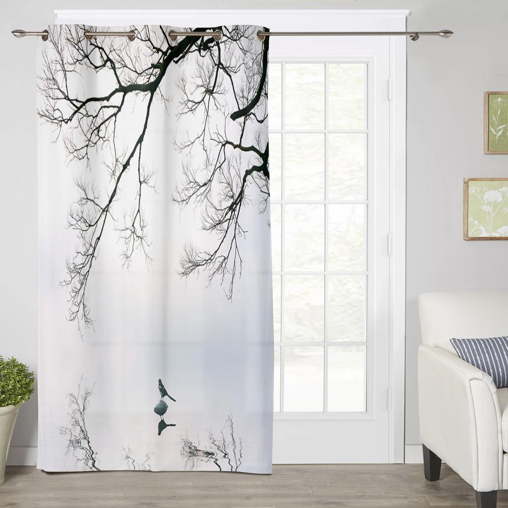 Chinese Style Tree Winter Bird Reflection Window Curtains for Living Room Kids Bedroom Valance Curtains Kitchen Window Drapes