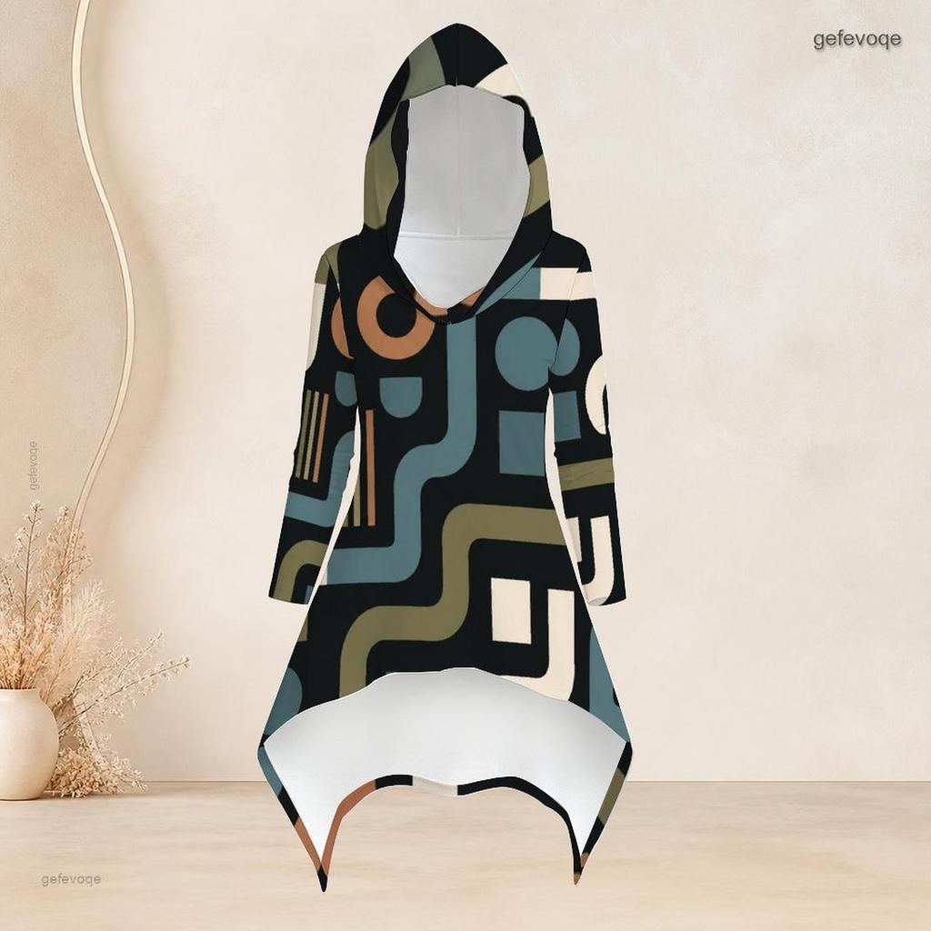 Women Plus Size Two Piece Set Hooded Long Sleeve Abstract Printed High Low Top And Fitted Pants